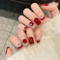 French red press-on nails with luxury rhinestones and rubies on soft knit background - Extra Small (XS)