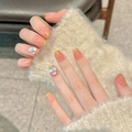 Peach gradient press-on nails with gold glitter and 3D floral accents in short square shape - XS / Ultra Short Coffin (2786)