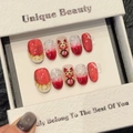 Uñas postizas ojo de gato hechas a mano con dijes de gato 3D y patrones de nubes doradas - Extra Pequeño (XS) / Estilo Ovalado Corto (2789)