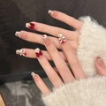 Uñas postizas cat eye con lazo rojo y diseño de danza del león de Año Nuevo - Extra Pequeño (XS)