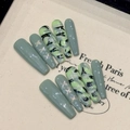 Hand-painted sage green camouflage press-on nails in long coffin shape with glitter stars - XS / Style 295 Long Coffin