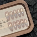 Champagne cat eye press-on nails with silver glitter and rhinestone accents - XS / 1273-Long Oval