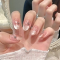Pink gradient cat-eye press-on nails with 3D white bow and rhinestone accents - Extra Small (XS) / Short Oval