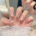 Pink cat eye press-on nails with 3D white bow and heart rhinestones in square oval shape - Extra Small (XS) / Ultra Short Coffin