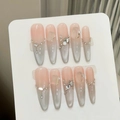 Uñas postizas hechas a mano efecto ojo de gato rosa y gris con perlas y pedrería - XS / Stiletto Largo (670)