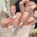 Unghie finte occhio di gatto rosa a forma di bara lunga con strass a farfalla argento - XS / Bara Media
