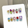 Unghie finte fatte a mano glitter argento con ciondoli di pietre preziose colorate - Extra Piccolo (XS) / 479-Bara Corta