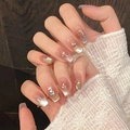 Unghie finte fatte a mano rosa cat eye con glitter argento e accenti di strass lucidi - Extra Piccolo (XS) / Stile Bara Corto (546)
