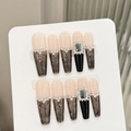 Handmade coffin press-on nails with black gradient, pearls and luxury rhinestones - Extra Small (XS) / Long Coffin (711)