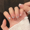 Faux ongles French avec cœurs colorés sur base transparente de forme squovale - 480-Trapèze Extra Court