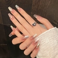 Unghie finte lunghe coffin con sfumatura rosa effetto occhio di gatto e glitter argento - Extra Piccolo (XS) / Stile Bara Medio (567)