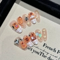 Faux ongles Capybara faits main avec oursons 3D et décorations de coeurs pailletés - XS / Ovale Moyen