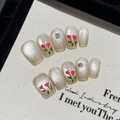 Unghie finte artigianali silver cat-eye con tulipani rossi fatti a mano e cristalli - XS / Bara Ultra Corta