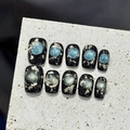 Handmade black press-on nails with blue and green cat-eye opal gems and silver foil - Extra Small (XS) / Extra Short Trapezoid Style (2417)