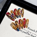 Handmade press-on nails with Egyptian gold glitter patterns and 3D pearl embellishments - XS / Egyptian Prince - Long Stiletto (2425)