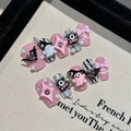 Unghie finte artigianali con fantasmi di Halloween e motivi a cuore rosa carini - Extra Piccolo (XS)