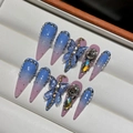 Unghie finte stiletto lunghe sfumate farfalla 3D con strass blu e rosa - Extra Piccolo (XS) / Stiletto Lungo Sfumato Farfalla