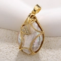Macro detail of baroque pearl pendant with golden ginkgo leaves and crystal inlay - Maple Leaf Baroque Style (A0136)