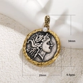 Detailed macro view of vintage Greek coin pendant with silver relief and pearl inlay - Mythological Portrait Relief Wave Border Style (A00100)