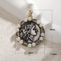 Detailed close-up of antique portrait coin pendant with measurements 38mm by 30mm - Relief Portrait Pearl Rhinestone Border Style (A00104)