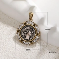 Macro detail of antique gold coin pendant with portrait carving and zircon frame - Ancient Coin Portrait Relief Rhinestone Style (A00106)