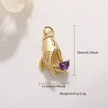 Macro detail of gold-plated hand pendant with purple heart gem and size dimensions - Hand Holding Heart (A0790)