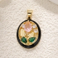 Detail of vintage oval pendant with pink stone, green leaves and gold plating - Black Enamel Pink Tulip