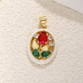 Detail of camellia tulip flower pendant with red gemstone and gold plated frame - White Enamel Red Tulip