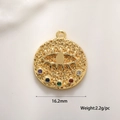 Detailed view of evil eye coin pendant with colorful gemstones measuring 16.2mm - Gold Round Vintage Relief Evil Eye Style (A0167-5)