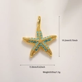Macro detail of a 14k gold plated starfish pendant with turquoise beads and measurements - Turquoise Starfish
