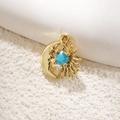 Gold-plated sun and moon pendant featuring a turquoise center stone and celestial rays - Moon Star Turquoise Style (A0717)