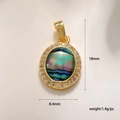 Detail van een ovale abalone hanger met zirkoonrand en 18mm hoogte afmeting specificatie - Abalone Schelp Ingelegde Iriserende Ovale Hanger