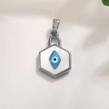 Pendentif hexagonal Œil maléfique en argent avec zircon bleu et nacre blanche - Émail Coquille Platine