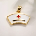Nurse cap pendant charm with white enamel and red cross symbol in golden finish - Nurse Hat