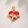 Golden heart pendant with red enamel and white EKG line for DIY jewelry making - Heart
