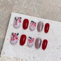 Handmade red and white press-on nails with Chinese plum blossom art and glitter accents - XS / 1831 Short Round