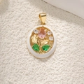 Round gold-plated tulip pendant with white enamel rim and pink pear-shaped gemstone - White Enamel Pink Tulip