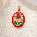 Golden oval flower pendant with red enamel and green teardrop gemstones - Red Enamel Red Tulip