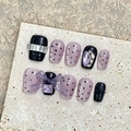 Handmade purple cat-eye press-on nails with 3D bows and rhinestones on stone background - Extra Small (XS) / Purple Black Polka Dot Bowknot Short Coffin Style (1824短梯)