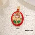 Floral oval pendant with red enamel, pink drop stone, and green leaves in gold finish - Red Enamel Pink Tulip