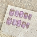 Handmade light purple press-on nails with wisteria floral patterns and cat-eye glitter - Extra Small (XS) / Short Coffin