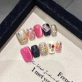 Faux ongles faits main œil de chat avec pierres précieuses de luxe style néon vintage - Très Petit (XS) / 2049-Super Court Trapèze