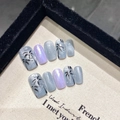 Faux ongles faits main effet œil de chat bleu avec motifs de palmiers tropicaux - 1992-Carré Moyen / XS