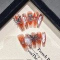 Handmade press-on nails with red-orange ink marble, silver butterfly and crystal accents - Extra Small (XS) / 1916-Extra Long Coffin