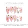 Uñas postizas con degradado rosa y blanco con relieves 3D de zorro y flores de cerezo - XS / 2016-Forma de Almendra