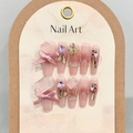 Uñas press-on degradadas a mano con lazos 3D, flores de resina y brillantes de mariposa - Extra Pequeño (XS) / Degradado Rosa (1590)
