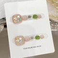 Handmade press-on toenails in dust pink and avocado green with gold leaf and shell inlays - S / B53