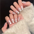 Elegant cat-eye press-on nails in pink-purple iridescent finish with pearls and silver glitter - XS / Mid-Long Oval Style (1679)