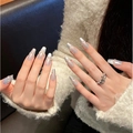 Handmade coffin cat-eye press-on nails in laser silver with pearls and rhinestones - XS / Middle Coffin Style (1596)