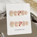 Unghie finte fatte a mano corte stile French con orsetti 3D e motivi a zampa di cuore - Extra Piccolo (XS) / Stile Gatto Orso Rosa Bianco